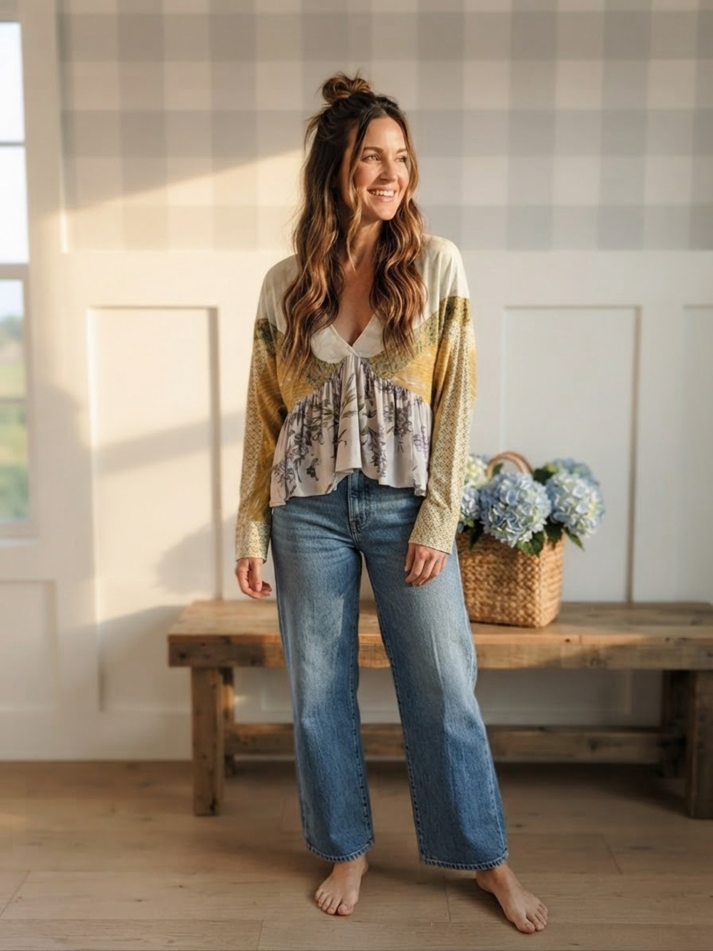 Free People Mixed-Print Peplum V-Neck Blouse in Cream and Yellow Small